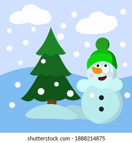 a snowman in a green cap stands near a Christmas tree on a blue background snow falls
