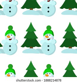 a snowman in a green cap stands near a Christmas tree a seamless pattern for design and decoration