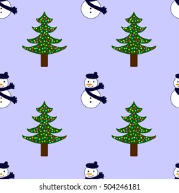 snowman with green funny trees. Vector. Blue background.