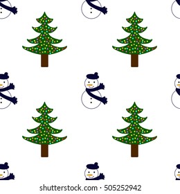 snowman with green funny trees. Vector. White background.