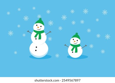 snowman with green hat, blue background and snow.vector