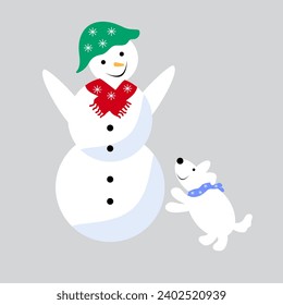 A snowman in a green hat plays with a dog.