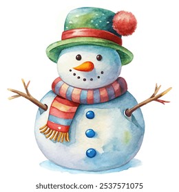 A snowman with a green hat and a red and blue scarf. The snowman is smiling and holding a stick