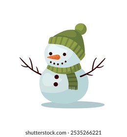 Snowman in green hat and scarf on a white background