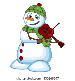 snowman with green head cover and green scarf playing the violin for your design vector illustration
