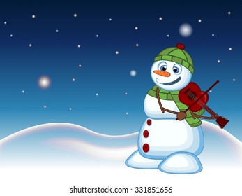 snowman with green head cover and green scarf playing the violin  with star, sky and snow hill background for your design vector illustration
