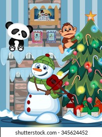 Snowman With Green Head Cover And Green Scarf Playing The Violin with christmas tree and fire place Vector Illustration
