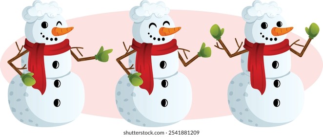 Snowman with Green Mittens and Red Scarf Graphics Set. Snowmen with Joyful, Winking, and Smiling Expressions And in Pointing, Thumbs Up, and Cheerful Poses