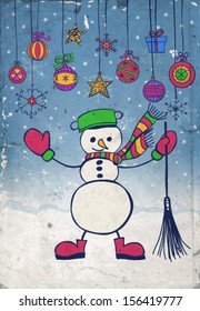  Snowman with green pot in the place of hat, red gloves and boots and patterned shawl and broom, Christmas decoration - baubles, stars, snowflakes and stars,  winter background with falling snow