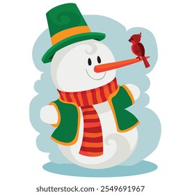 snowman in a green top hat and a green jacket, with a red scarf, a carrot on his nose, a bullfinch sits, isolated object on a white background, vector illustration, eps