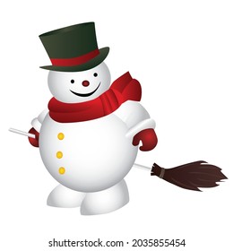 Snowman with green top hat and red scarf hold a broom isolated on white background. Vector illustration