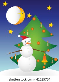 Snowman and green tree