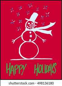 Snowman Greeting: Cute snowman with a red background and colorful accents. Great for any winter holiday project or greeting card. Vector file can be fully customized to your liking or left as is!