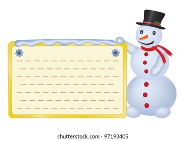 snowman with greetings card over white vector illustration