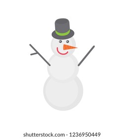 Snowman with grey top hat and carrot instead nose. Vector cartoon clipart or illustration of winter character with branches in place of his hands