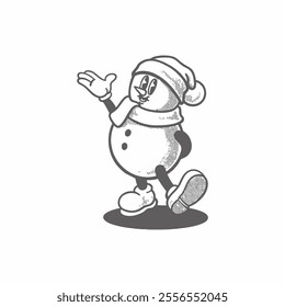 Snowman groovy cartoon character. Merry Christmas and Happy New Year collection. Retro, icon, snow, illustration, vector, sticker, 70's, mascot, editable, funny, holiday, coloring book, winter