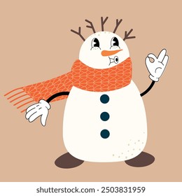 Snowman in groovy retro style. Element for Merry Christmas and Happy New year greeting card, poster, party invitation. Vector illustration.