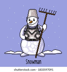 A snowman guard in armor on the lawn near the house and holding a rake in his hand. Vector character with a bucket on his head in pixel art style. Winter atmosphere with snowdrift and falling snow.