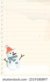 Snowman hand drawn childish style on old notebook paper vertical background have watercolors stained graphic illustration. Merry Christmas and Happy New Year greeting card template.