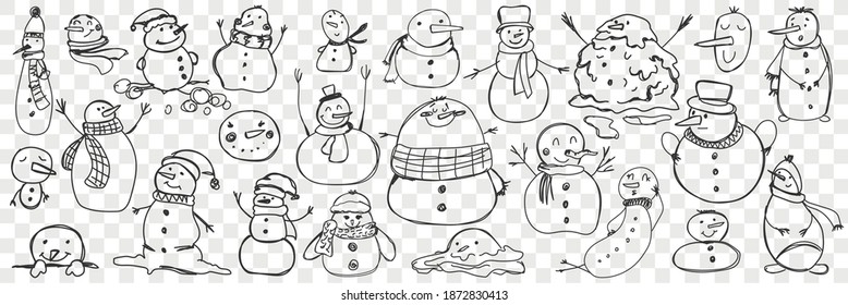 Snowman hand drawn doodle set