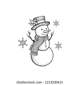 Snowman in hand drawn doodle sketched style. Cute winter holiday icon. Black line ink person in hat with holly and knitted scarf. Vector illustration isolated on white background.