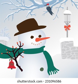 Snowman. Hand drawn vector illustration picturing a winter scenery with snowman