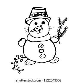 Snowman. Hand-drawn vector illustration of cute snowman with branch of Christmas tree, garland and hat. Isolated on white. Design for Merry Christmas and Happy New Year