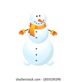 Snowman with hands in gloves and a scarf. New year, merry christmas. Vector illustration for print, gifts, wrapping paper, postcards. Snowman vector illustration on white background.