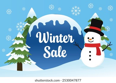 Snowman with Hands Up Looking at Blue Gradient Ball Covered in Snow with Winter Sale Words on Blue Background