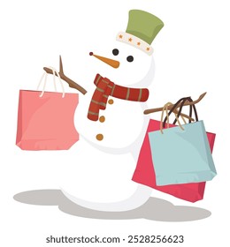 Snowman hanging shopping bags childish style isolated on white background graphic illustration.