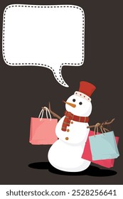 Snowman pendurado sacos de compras estilo infantil têm em branco a ilustração gráfica da bolha do discurso. Feliz Natal cartão de saudação modelo vertical.