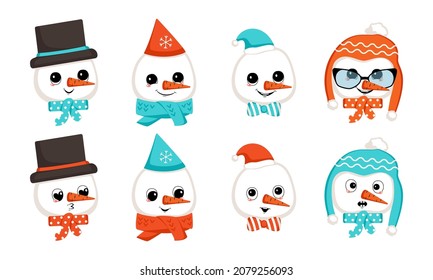 Snowman with happy emotions in cap or hat. Cute character with joyful face in festive costume for New Year and Christmas. Head with set of funny and scared emotions. Vector flat illustration