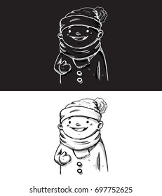 Snowman with happy face Vector sketch for invitations, party, Christmas gift card
