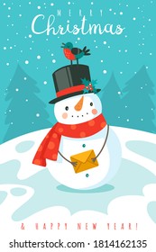 Snowman. Happy new year and merry christmas greeting card with cheerful snowman in hat, scarf and snowflakes. Cute festive winter cartoon xmas character.  December holiday vector background