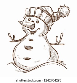 Snowman with happy smile on face winter character