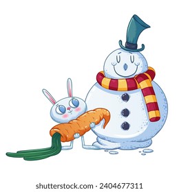 Schneemann und Hasen mit Karotten