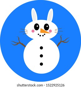 snowman with a hare head with mustache twigs and nose carrot winter holidays and cold season concept