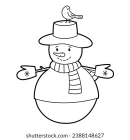 Snowman in hat with a bird. Black white outline illustration. Suitable for anti-stress and children's coloring books