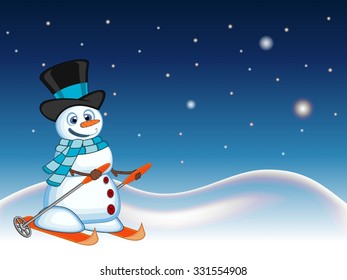 Snowman with hat and blue scarf is skiing with star, sky and snow background for your design vector illustration