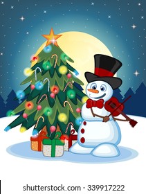 Snowman With Hat And Bow Ties Playing The Violin With Christmas Tree  And Full Moon At Night Background For Your Design Vector Illustration