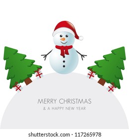snowman hat christmas tree and gift world