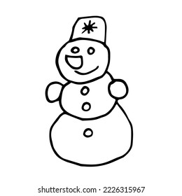 snowman in hat. Concept New Year, Christmas, holidays. Hand drawn vector illustration in doodle style outline drawing isolated on white background.