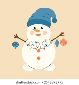 Snowman in a hat. Cute snowman with garland and Christmas balls. Christmas children's card. Winter cartoon character. New Year vector illustration, hand drawn, flat style.