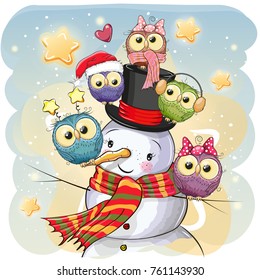 Snowman in a hat and five Cute Cartoon Owls