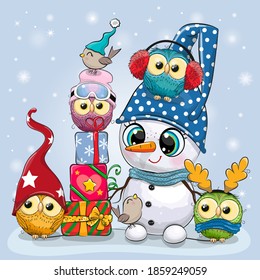 Snowman in a hat and four Cute Cartoon Owls