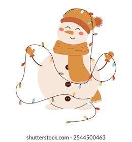 Snowman in a hat with a garland in his hands. Holiday character with multi-colored lights. Color vector illustration on a white background.