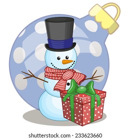 Snowman in a hat with gift 