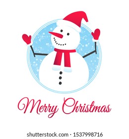 The snowman with hat, gloves, with falling snow flat style design vector illustration. Merry christmas and happy new year symbols postcard with text.