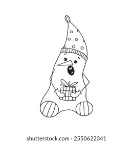 Snowman in a hat holds a gift in his hands and screams with his mouth wide open. Design for New Year. Coloring for children.