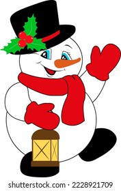 Snowman in a hat with holly, scarf and mittens. Retro lantern. Christmas and New Year.